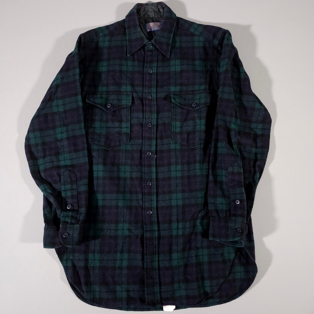 Pendleton Wool Shirt Mens 15.5 Long Green Blue Plaid Black Watch Tartan Vintage